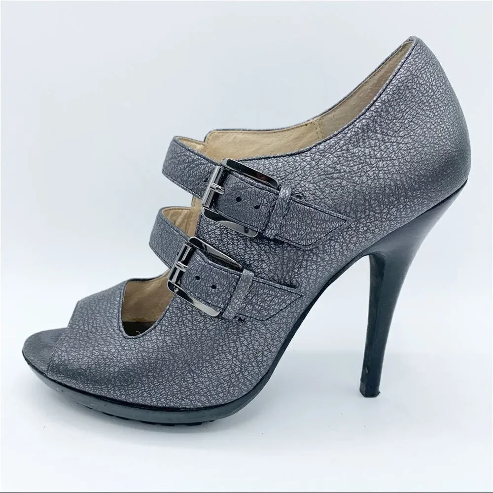 Michael Kors Webster Peep Toe Platform Metallic Pewter‎ Pebbled Leather